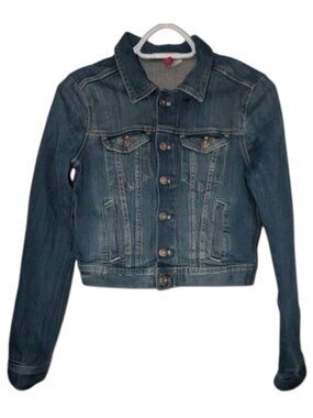 H&M Divided Concept Red Long Sleeve Cropped Button Front Denim Jean Jacket Coat